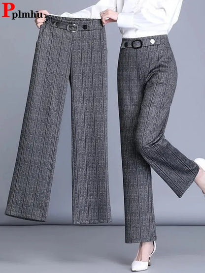 Women High Waist Plaid Office Straight Pants