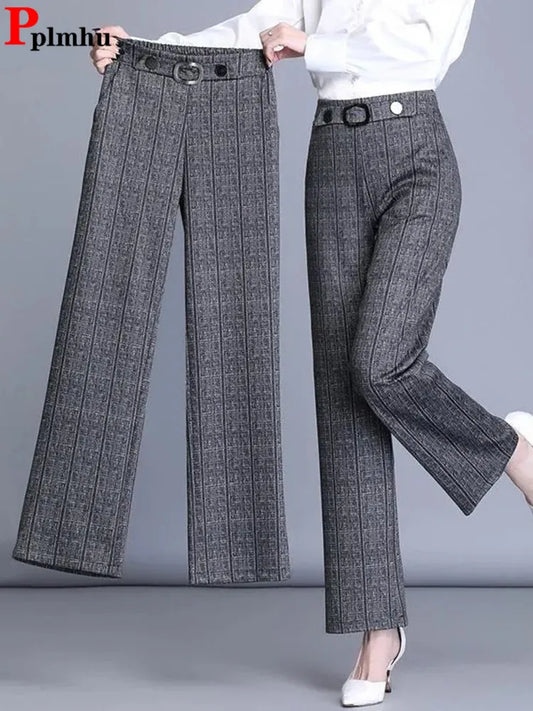 Pantalon droit de bureau à carreaux taille haute pour femmes