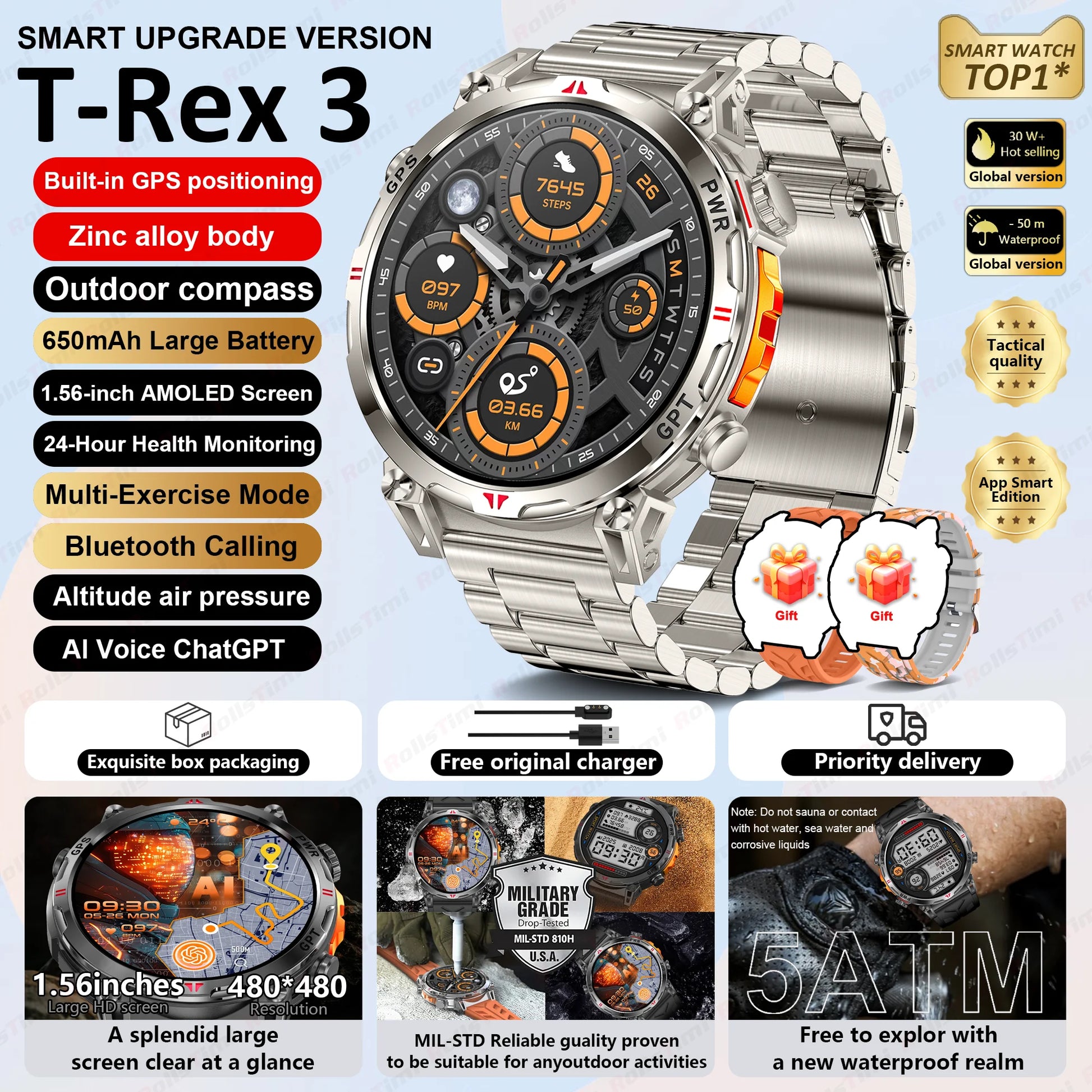 Unisex T-Rex3 GPS Sports Smartwatch – Fitness Tracker Heart Rate Monitor 3ATM Waterproof Smart Watch