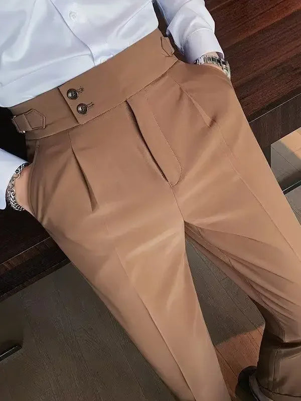 Men’s Classic Slim Fit Office Trousers - High Waist Vintage Pants