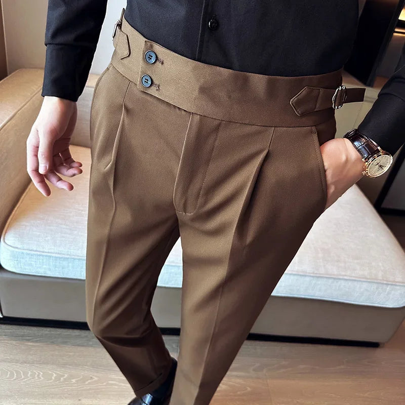 Men's High Waist Slim Suit Pants with Belt