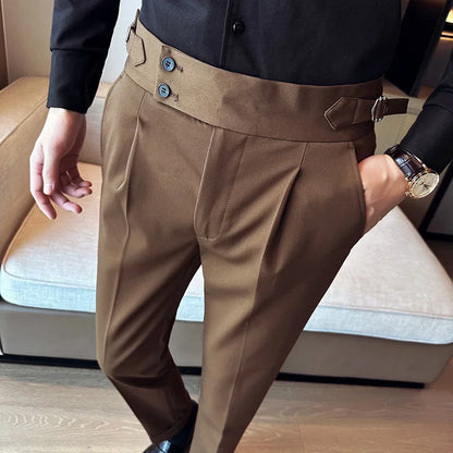 Pantalon de costume slim taille haute avec ceinture pour hommes