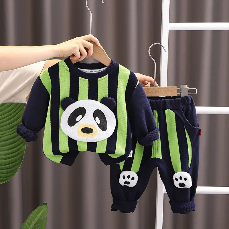 Boys Casual Cartoon Bear Long Sleeve tee and Navy Pants Outfit