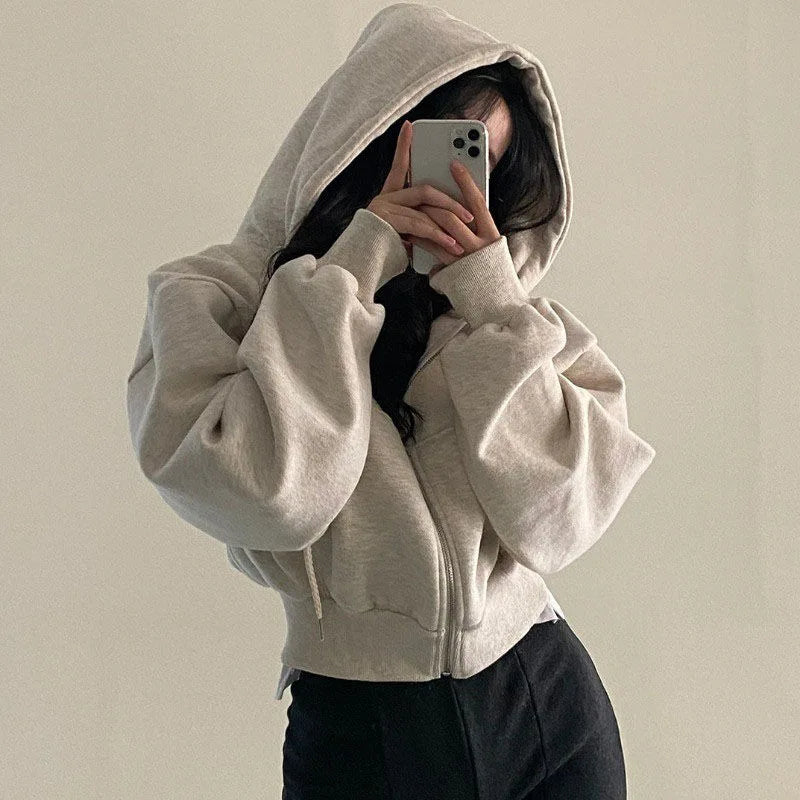 Women's Retro Fleece Lined Loose Zip Up Hoodies