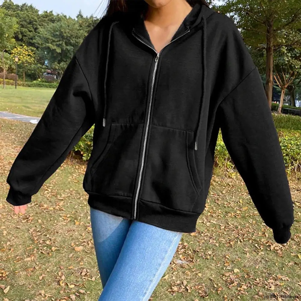 Gray Long Sleeves Zip-Up Hoodie for Women