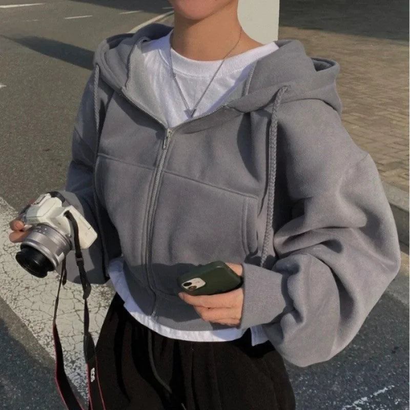 Neues, vielseitiges, modisches, kurzes Slims-Sweatshirt mit Reißverschluss und warmer, einfarbiger Kapuze für Damen