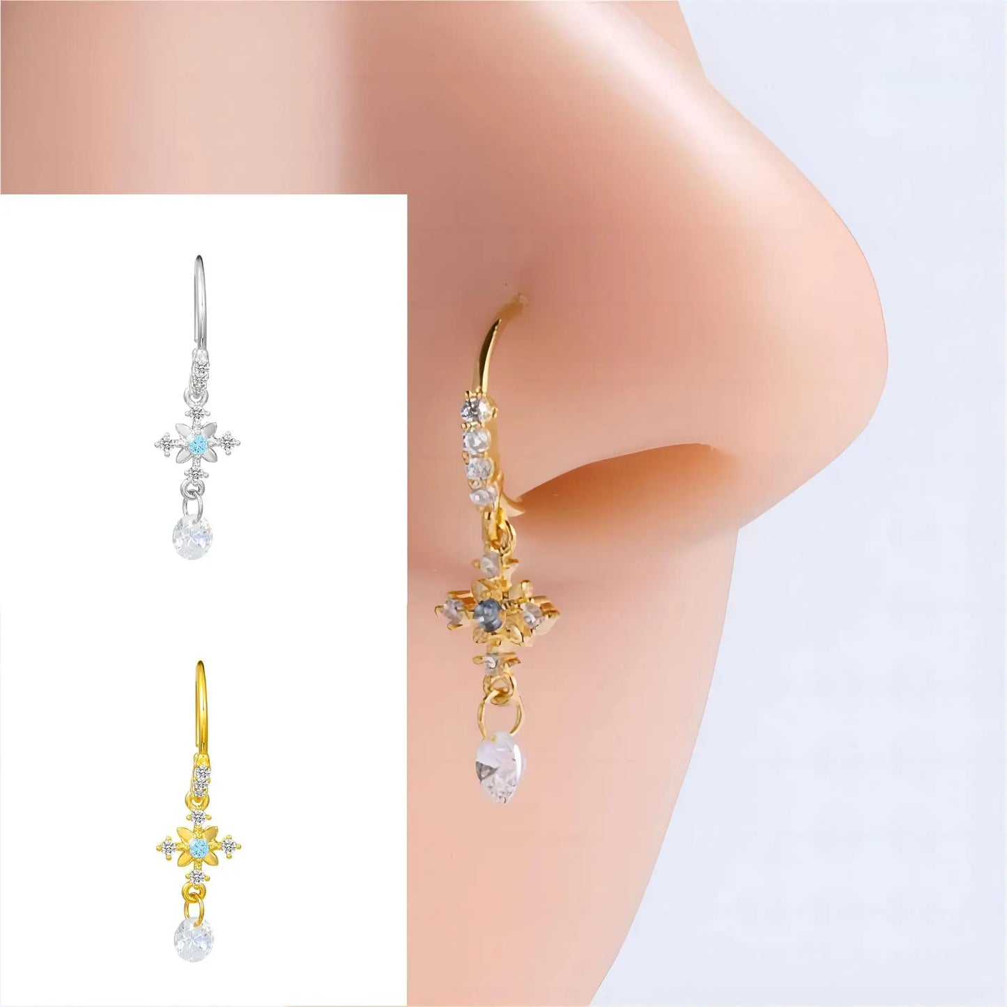 Elegant Blue Zirconia Cross Nose Ring for Women