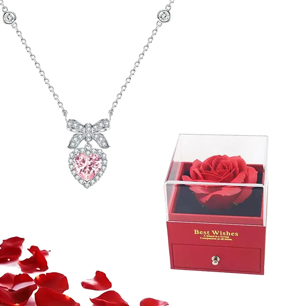 Valentinstag Geschenk Luxus rote Herz Halskette mit Rose Geschenkbox