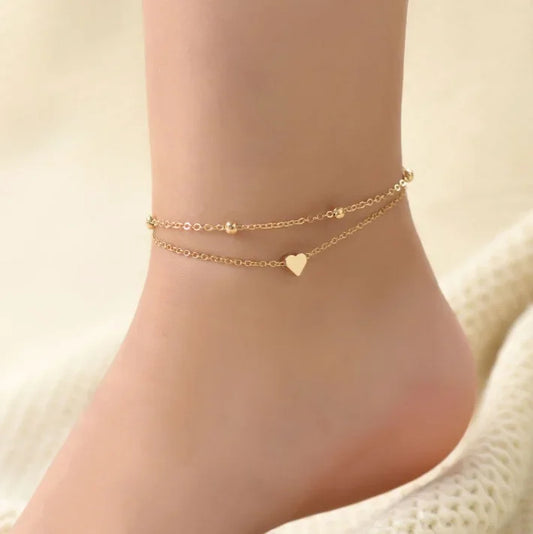 Bracelet de cheville en forme de cœur avec chaîne de perles rondes d'été pour femmes