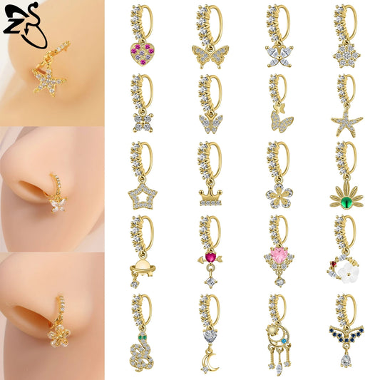 20G Hoop Nose Ring with Moon Star Flower Pendant – 8MM Septum Nose Ring