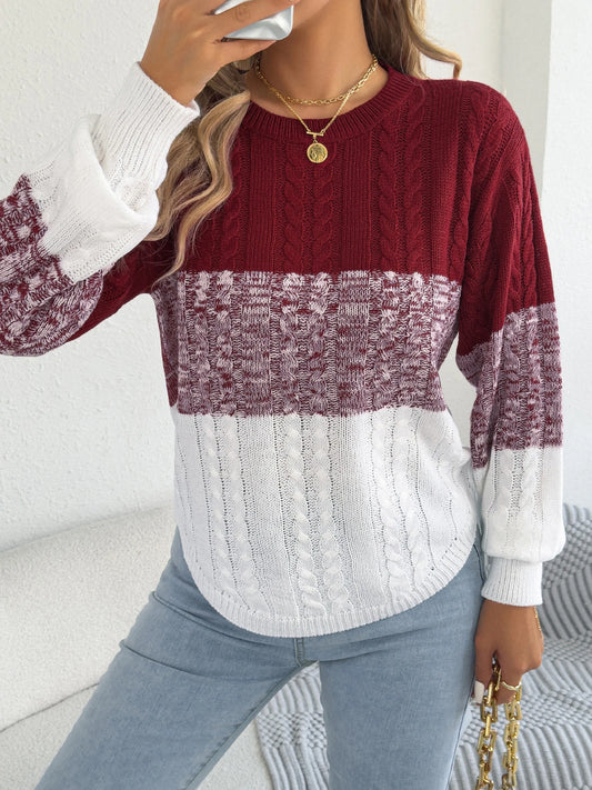 Women's Round Neck Color Block Striped Sweater