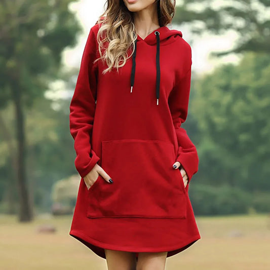 Women's Loose Solid Long Style Casual Pocket Hoody