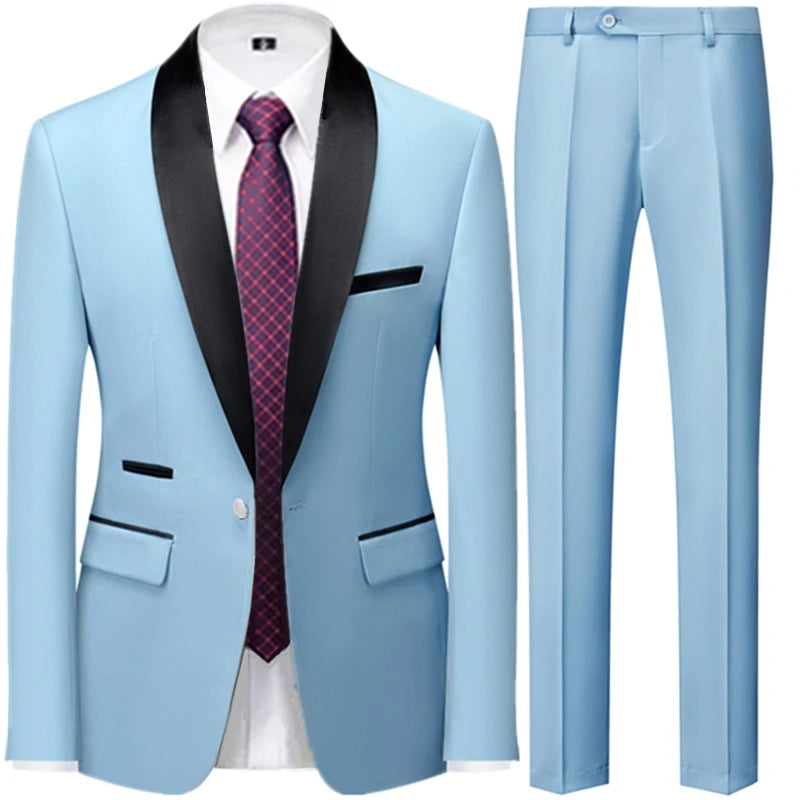 3 Pieces Set Men's Business Blazers Coat - Slim Fit Color Matching Collar Suit Jacket Pants Vest