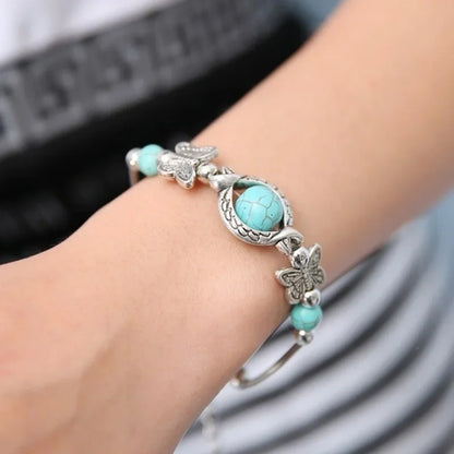 Butterfly Carved Beaded Turquoise Hand Chain Bracelet for Women