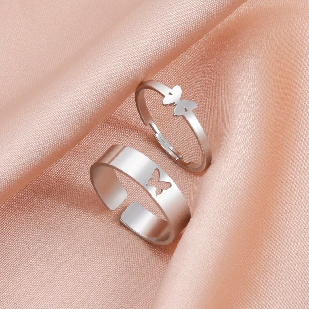 Bagues de couple en acier inoxydable en forme de cœur et de papillon – Bagues d'amour assorties