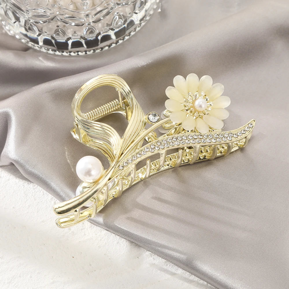 Crystal Flower Hair Claw - Metal Hair Claw Pearl Shark Clip