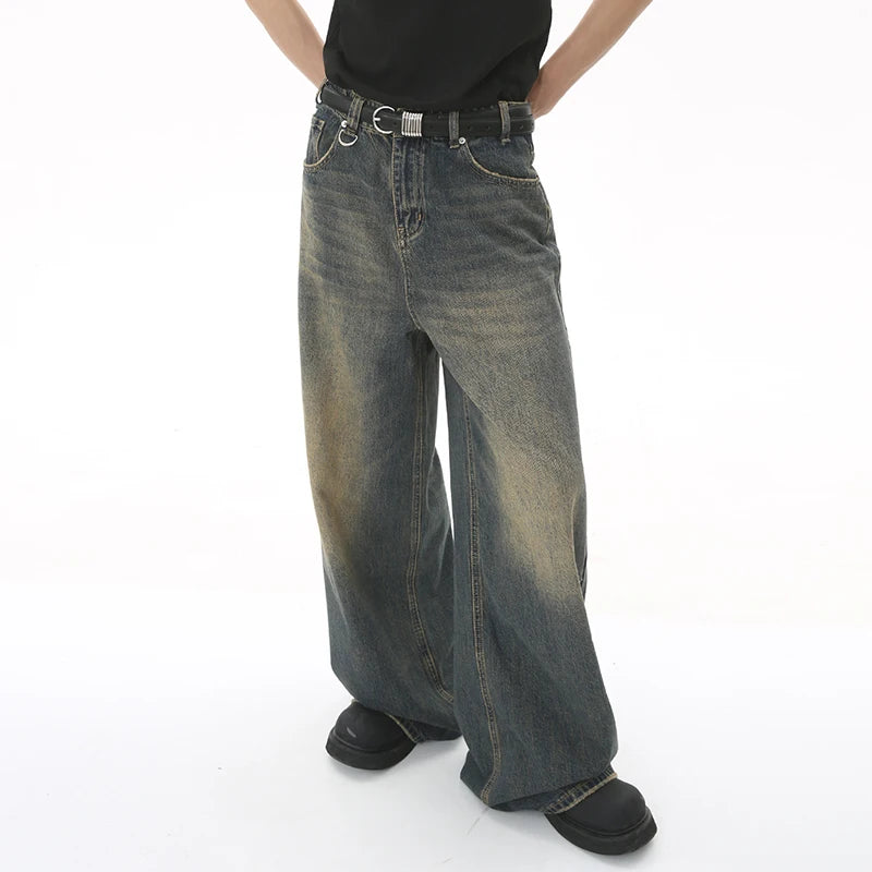 Vintage Washed Wide Leg Denim Pants for Men