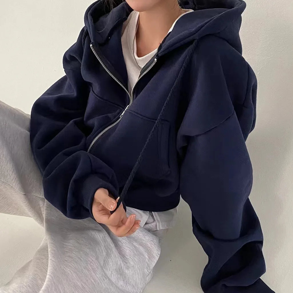 Women's Retro Fleece Lined Loose Zip Up Hoodies