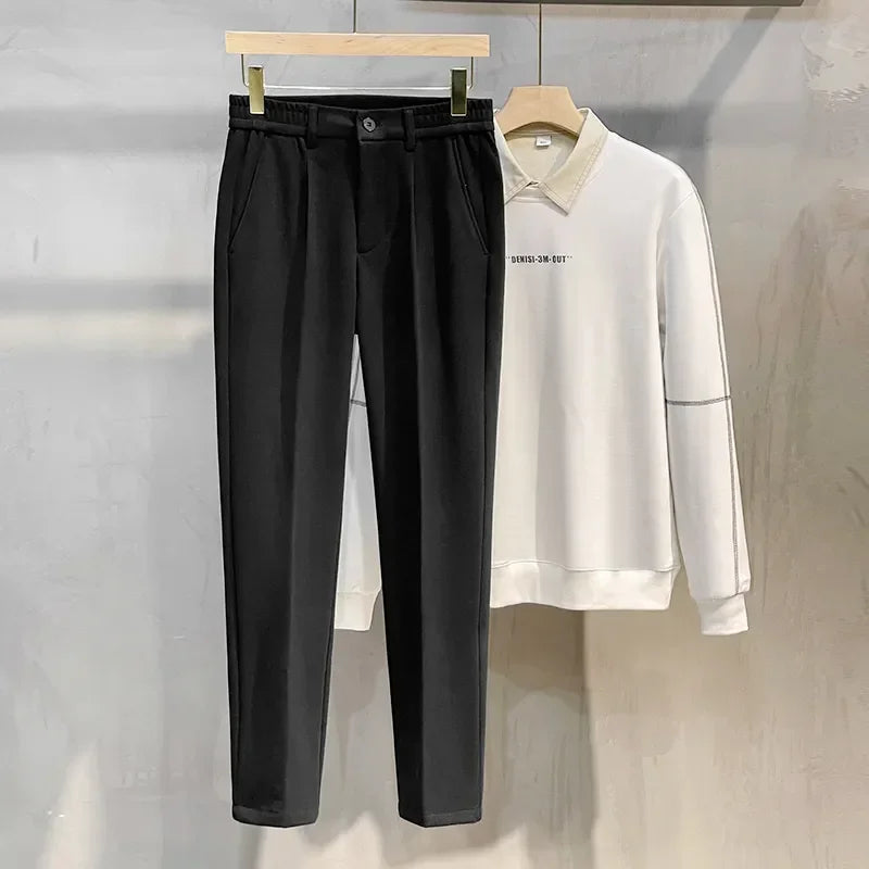 Men's Elastic Waist Woolen Straight Formal Trousers