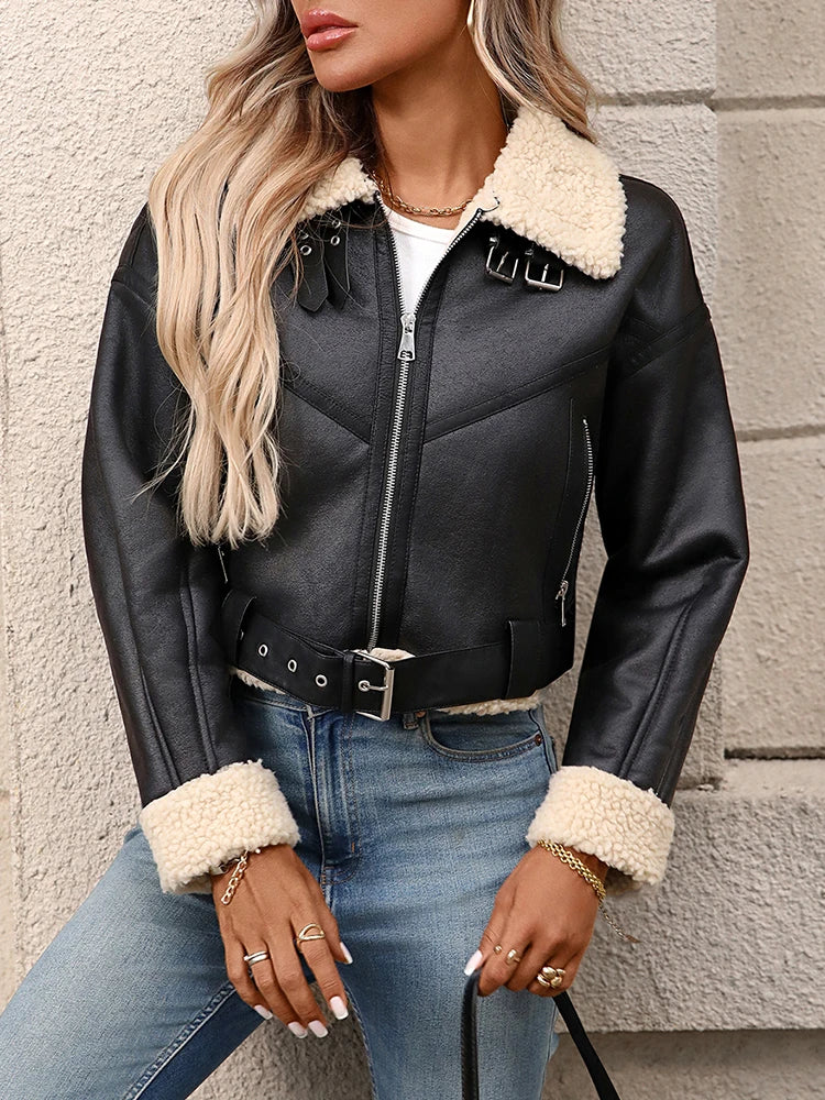 Harajuku-Fliegerjacke mit Pelzfutter für Damen