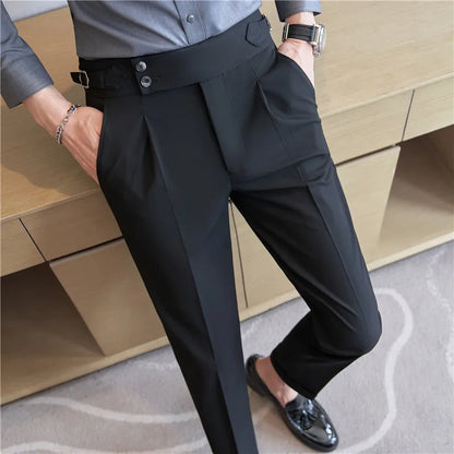 Men’s Classic Slim Fit Office Trousers - High Waist Vintage Pants