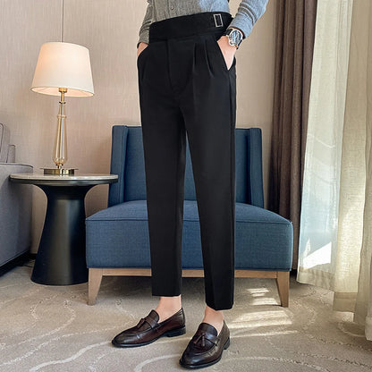 Men's High Waist Slim Trousers - Belt Design