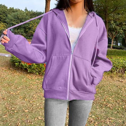 Gray Long Sleeves Zip-Up Hoodie for Women