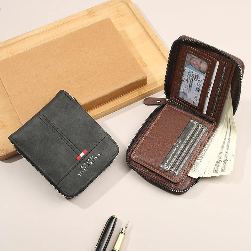 Men’s Short Leather Bifold Wallet with Zipper Coin Pocket
