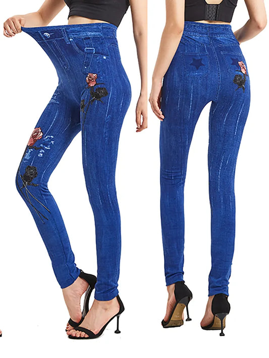 Blaue falsche lange Hose mit rotem Rosendruck für Damen