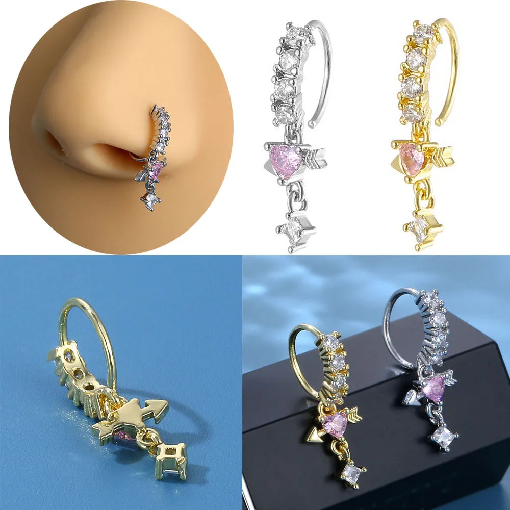 High-Quality CZ Heart Dangle Nose Rings for Women