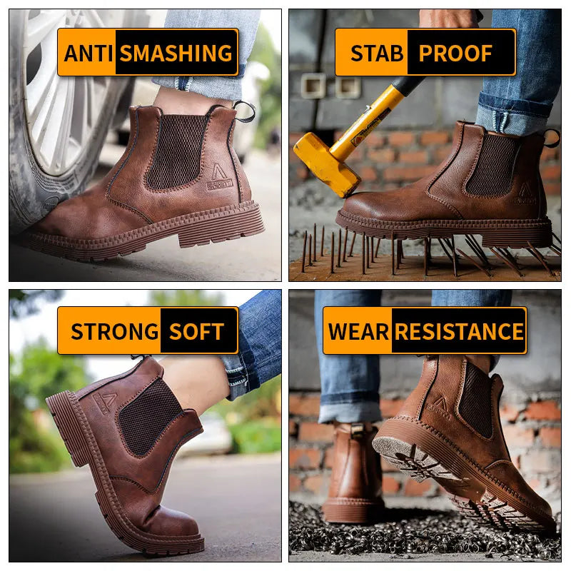 Men Leather Work Boots - Indestructible Safety Shoes