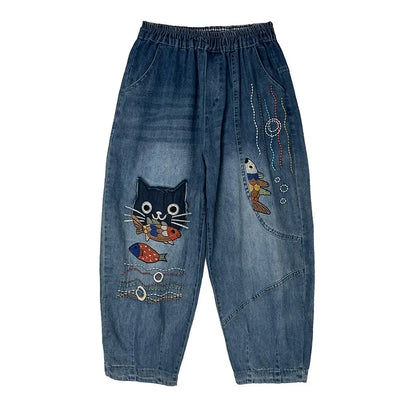 High Waist Breeches Pockets Mom Harem Blue Jeans