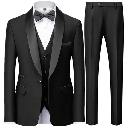 3 Pieces Set Men's Business Blazers Coat - Slim Fit Color Matching Collar Suit Jacket Pants Vest