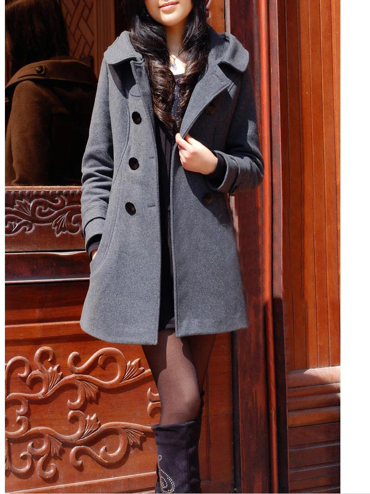 Damen-Wintermantel aus Wollmischung – Mittellange, zweireihige Kapuzenjacke