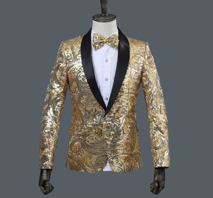 Flacher, heißer, mit Gold besetzter Herrenanzug aus Samt, 2-teiliges Set – Hochzeitsbankettkleid mit Hose