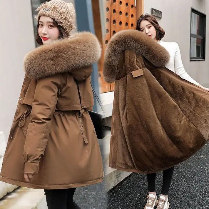 Langer Damenparka – Dicker Samt-Wintermantel