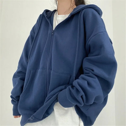 Koreanische Damen-Kapuzenpullover, langärmelige Sweatshirts mit Reißverschlusstaschen