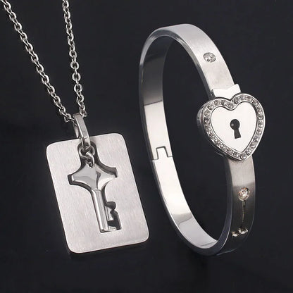 Couple Heart Lock & Key Necklace Bracelet Set – Stainless Steel Love Pendant Choker