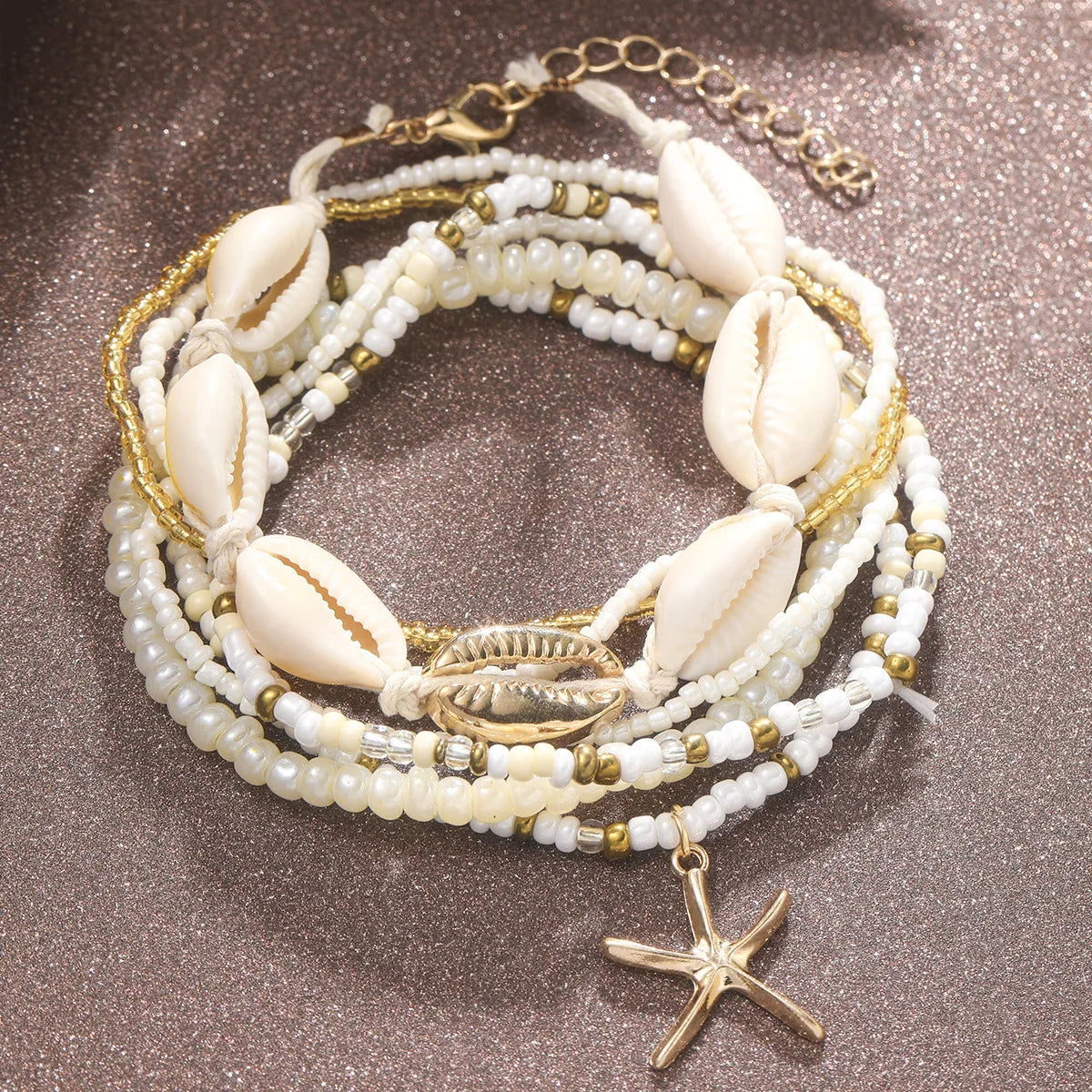 Women's Bohemian Starfish & Seashell Ankle Bracelet Set – Multilayer Rice Beads Beach Ankle Bracelets