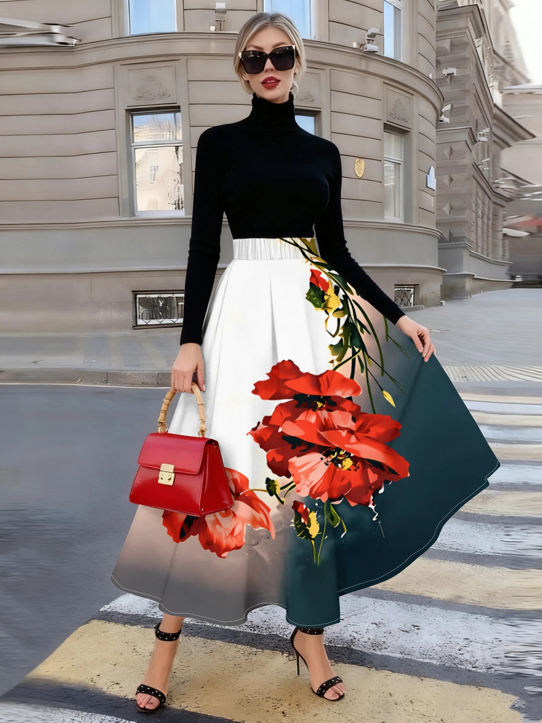 Damen-Midlong-Rock mit Blumenmuster und lockerer Passform