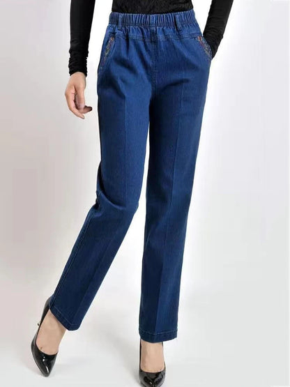 High Waist Blue Straight Embroidery Pocket  Women Pants