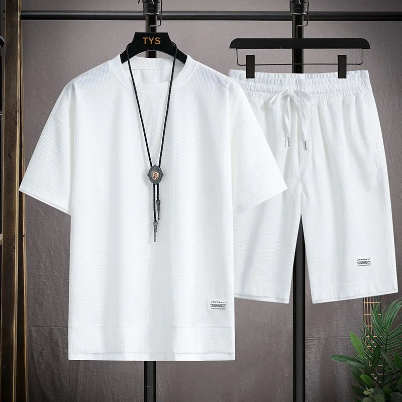 Men's Summer Waffle Tracksuit Casual T-Shirt & Shorts