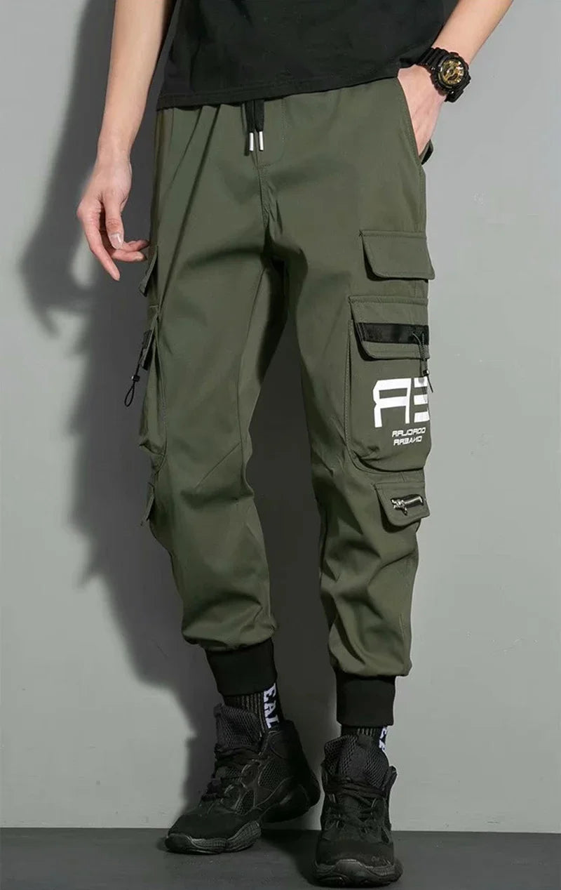 Herren-Cargohose, lässiger Hip-Hop-Streetwear-Stil – Jogginghose mit mehreren Taschen und Farbblock-Design
