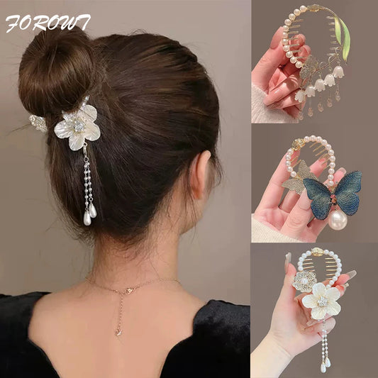 Pearl Rhinestone Hair Claw Clip for Women – Tassel Bow Flower Ponytail Holder