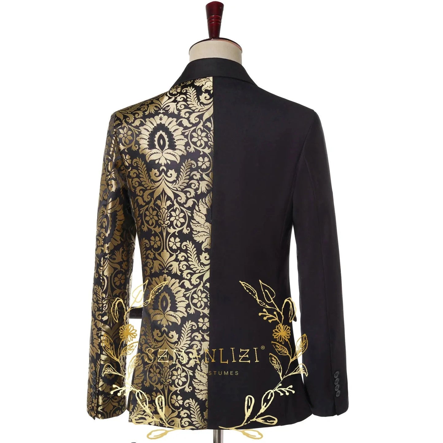 Men's Double Breasted Black Gold Jacquard Wedding Suits