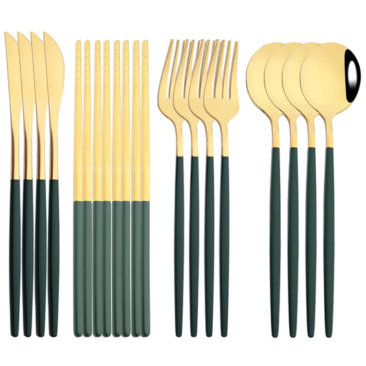 Stainless Steel Gold Green Tableware Set