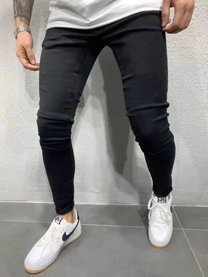 Men's Thin Skinny Long Pencil Ripped Ankle Jeans