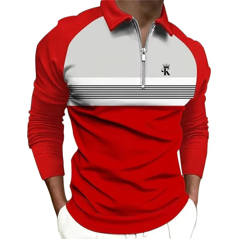 Men's Long Sleeve Stripe Golf Zipper Polo Shirt