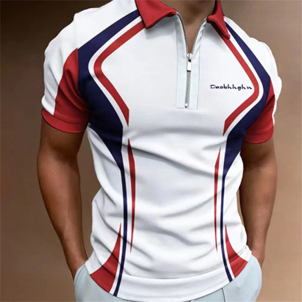 Men Zipper Striped Turn Down Collar Shirt
