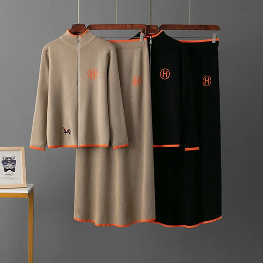 Women's Embroidered Zipper Autumn Winter Knitted Two Piece Set